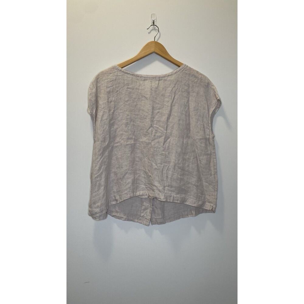 St. Tropez 100% Linen Full Button Back Boat Neck Cap Sleeve Top Oat Tan Medium M